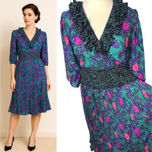 Vintage 80s Assorti Susan Freis XL Floral Polka Dot PLEATED Midi Dress Wrap Neck